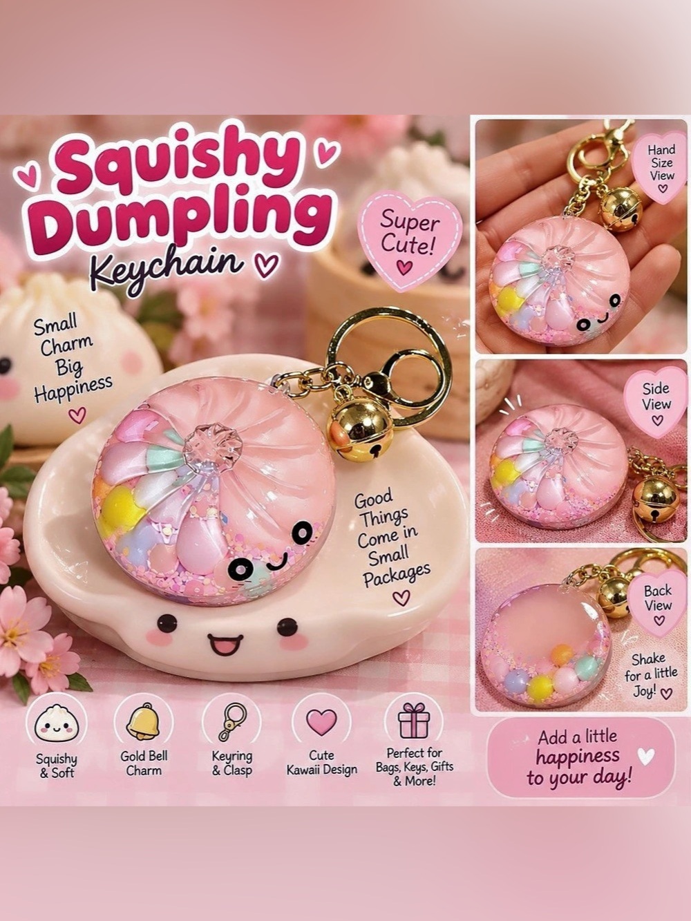 Pink Squishy Dumpling Keychain Kawaii Bell Charm Backpack Purse Bag Clip NEW